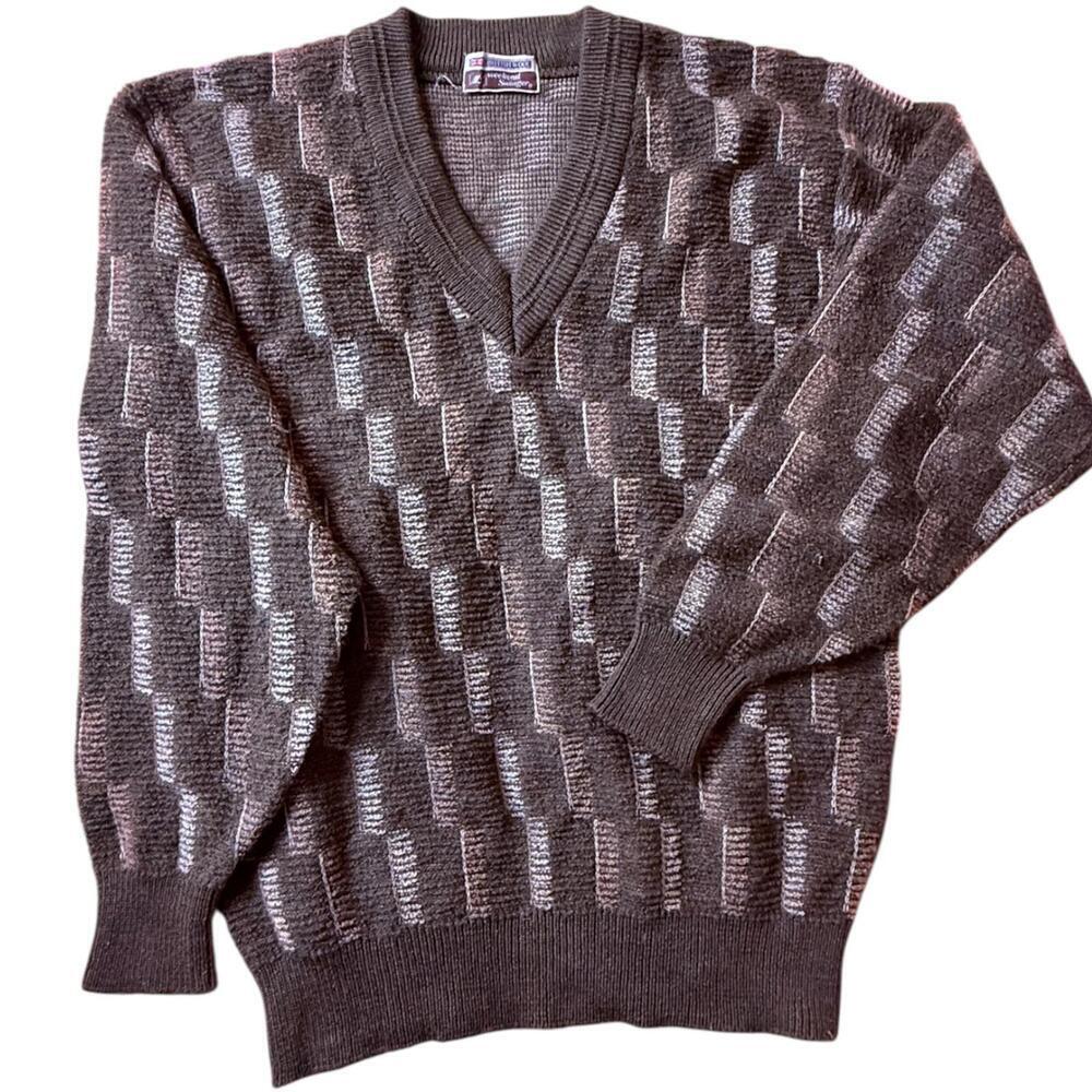 Vintage Weekend Swinger British Wool brown textured knit sweater V neck size L